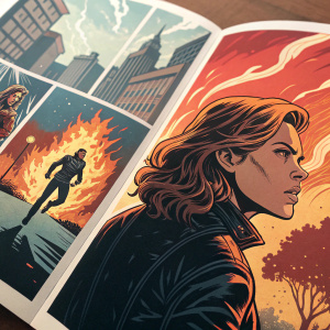 Comic book pages from 'Epitaph'. Dynamic action scenes. Warm and cool colors. Large fiery figure, close-up of Nancy Biford, shadowed face. Bold and graphic style.