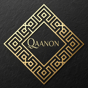 Gold geometric logo with intricate maze-like pattern, set against a black backdrop. Features modern Arabic text 'Qaanon'. Sleek, contemporary design.