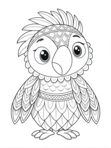 coloring book for kids, simple, adult colouring book, no detail, outline no colour, fill frame, edge to edge, clipart white background. cute native american baby parrot