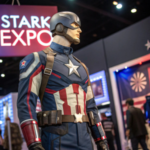 Captain America's uniform, navy blue with red and white detailing, showcased on mannequin. Stark Expo event backdrop