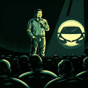Akira Marumoto, CEO of Mazda, delivering keynote speech at the automotive design conference. Dark stage with Mazda logo in spotlight.