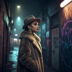 Ariana Grande, in vintage style, wearing a fur coat and a fedora hat. Dark alleyway background, graffiti and neon lights visible.