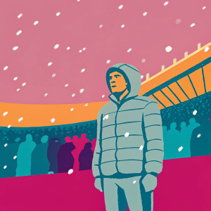 Julian Nagelsmann, wearing a grey puffer jacket, standing outside a stadium. Snowy conditions. Crowds of fans and media visible