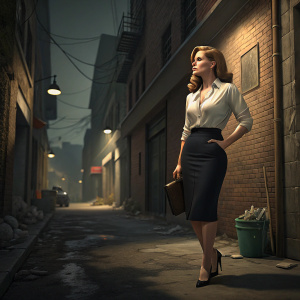 Amy Adams, dressed in a stylish white blouse and black pencil skirt, stands alone in a quiet alleyway.