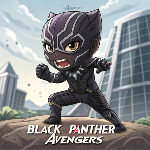 Chibi-style illustration of Black Panther. Fighting stance, fierce expression, sharp teeth, intense gaze, detailed facial features, intricate armor design, Marvel Avengers logo. Digital art