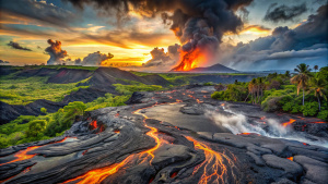 The dramatic volcanic landscape of Hawaii with its flowing lava and lush greenery