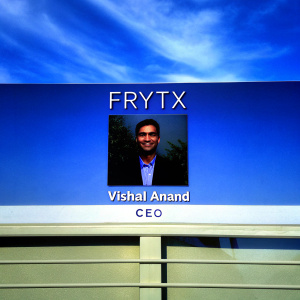 Professional business card for FrytX. Vishal Anand, CEO, smiling in a formal attire. Card includes email, phone number, and website address.