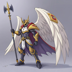 Alphamon Ouryuken, a formidable Digimon, stands in a battle-ready stance. Holding a large spear, adorned with intricate designs. Grey background, highlighting the character's majestic wings and detailed armor.