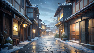 japanese old narrow cobblestone street, no people, beautiful, snowing
