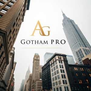 Gotham Pro font showcased on a sleek webpage. The layout features alphabet characters with a prominent 'A' in gold. White background with clear sans-serif text.