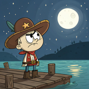 Captain K'nuckles, a cartoon character from Flapjack, dressed in a cowboy outfit with a brown hat and frowning face. Stands on a rustic wooden dock at night.