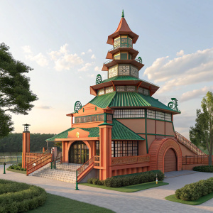 Digital 3D rendering of Arlong Park, a fantastical structure inspired by One Piece. The park features a multi-level building with a prominent entrance marked by an angular green structure. The architecture blends modern and traditional elements. The color palette is dominated by shades of orange, brown, and green. Set against a backdrop of clear blue sky and lush greenery.
