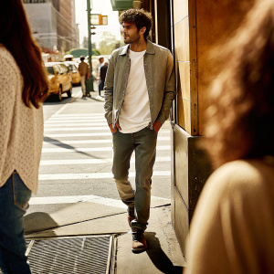 Zayn Malik, in a casual outfit, walking down the street. Sunny day, busy city background.
