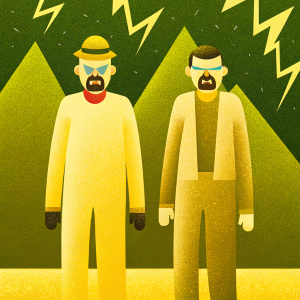 Cartoon illustration featuring Walter White and Jesse Pinkman from Breaking Bad. Dark green background with electric energy patterns. Walter in his iconic Heisenberg outfit, Jesse in his streetwear style. Both have expressive, distinct facial features.