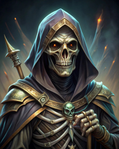 dnd style cloaked skeleton closeup in action pose