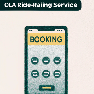 A sleek and modern app interface for Ola ride-hailing service. The design emphasizes cab availability options and a prominent booking button. The color scheme uses black, white, and yellow for a clean look. The logo and call-to-action are clearly visible for an easy user experience.