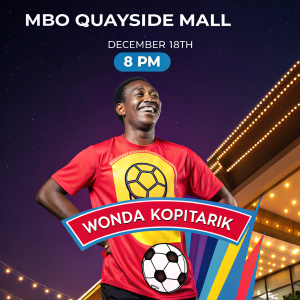 Join the electrifying fun at MBO Quayside Mall! Watch the big match on December 18th from 8pm, with free entry, starting games at 11pm! Grab your friends and rock our Wonda Kopi Tarik t-shirt for an epic night filled with prizes and exhilarating games. Featuring a vibrant soccer ball design, this event promises an unforgettable evening of cheer and camaraderie!