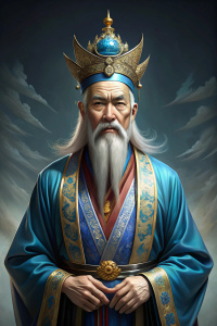 Cai Shen 
is a tall, stately man with a long white beard and hair that reaches his shoulders. His face has prominent features: a high forehead, deep eyes that seem to penetrate the soul, and thin lips that curve into a soft smile.
The traditional Chinese costume is a long blue or black robe with gold or silver jewelry. On his head is a crown or turban, 
In his hands he holds various attributes associated with his profession: a bag of medicinal herbs, a book of recipes or a rod that can transform