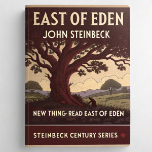 Vintage book cover illustration for 'East of Eden' by John Steinbeck. A sprawling oak tree dominates the front with deep brown hues. Title 'East of Eden' in bold font at the top, 'New Thing: Read East of Eden' below. Steinbeck Century series noted at the bottom.
