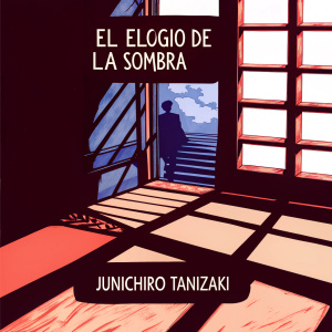 Book cover design for 'El elogio de La sombra' by Junichiro Tanizaki. Artwork features a dimly lit, blurred interior scene with shadows dominating the space.