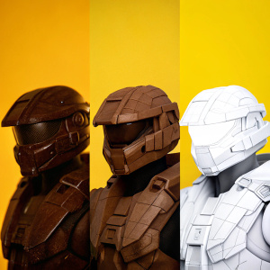Digital art of Spartan Vale from Halo 5: Guardians. Depicting multiple stages of 3D modeling. Highly detailed and realistic