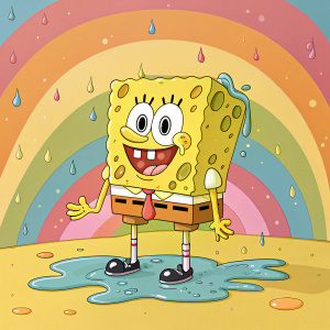 Cartoony illustration of SpongeBob SquarePants melting, surrounded by drips. Bright, colorful backdrop