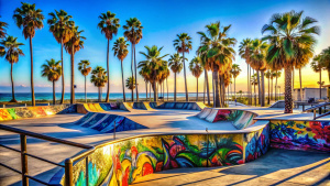 skate platform painted with graffiti with palm trees on the background in 4K quality
