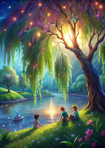 A gentle breeze rustles through the leaves of a willow tree, and children sit in its shade, finding inspiration and creativity in a peaceful environment. The river roars by. Flowers are blooming. Spring.