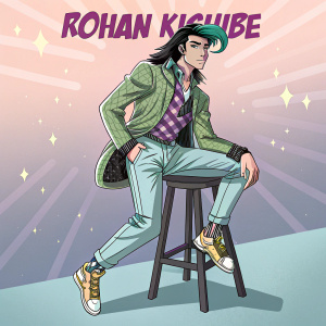 Illustration of Rohan Kishibe from JoJo's Bizarre Adventure. Sitting on stool. Background features text elements in vibrant anime style