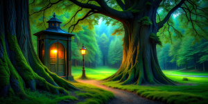 Dark mysterious woods at midnight. Bright, vibrant colors. There's a dark window in the trunk of a big old oak. A lot of green. There is an old lamppost in the clearing.