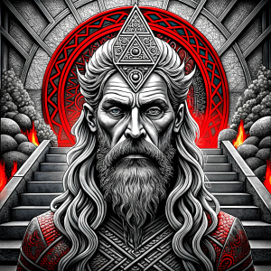 god odin in walhalla stairs runen symbols pattern - perfect realistic art, high-definition, high-definition grey and black, white background 