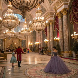 Mackenzie Foy, Keira Knightley, Eugenio Derbez, and Richard E. Grant at the grand ballroom scene from The Nutcracker and the Four Realms. Lavish decor and rich colors.
