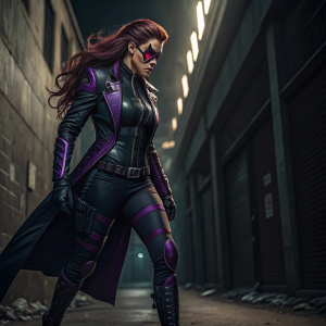 Crimson Viper, female combatant, intense look, purple accents on black suit. Long hair flowing. Poses dynamically in the middle of a dark alley