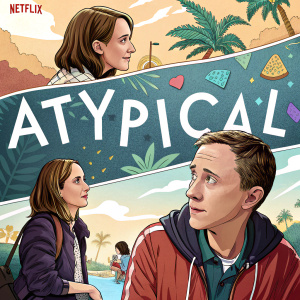 Promotional artwork for Atypical, a Netflix series. Collage of scenes featuring main characters, vibrant illustration style.