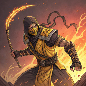 Fan art of Scorpion from Mortal Kombat. Cartoon illustration on a digital platform. Dynamic pose with fiery background.