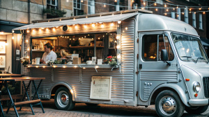 Vintage food truck with an open window, adorned with fairy lights, serving evening crowds

vintage food truck, open window, fairy lights, evening crowds, street food, food truck scene, outdoor dining, retro truck, charming atmosphere, mobile eatery, classic design, nostalgic feel, food service, urban nightlife, outdoor catering, street cuisine, vintage style, food and drink, night market, cozy lighting