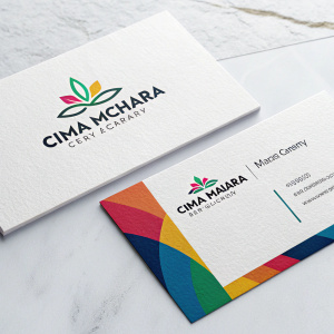 Creative business card design for CIMA McHara Event Company. Modern layout featuring vibrant colors and sleek logo. Set against a backdrop of minimalist white paper with subtle texture.