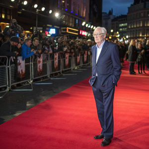 Sir Michael Caine at the London Film Festival premiere. Wearing a tailored navy suit, standing on a bustling red carpet. Fans and paparazzi are present.