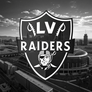 Custom designed logo featuring Las Vegas Raiders. The black and white theme with silver highlights. Combination of 'LV' emblem and 'Raiders' text in shield form.