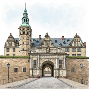 Kronborg Castle, a grand fortress with an impressive entrance featuring an archway and intricate stonework. The castle, built from a mix of light and dark stone, stands as a landmark. Its facade is detailed with ornate designs and textures.