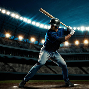 Yunel Escobar, in full batting stance. Bright stadium lights, audience in the background.