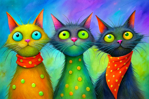 A cartoonish three large and skinny hairy cats with big round eyes, black ears and light brown fur.
they wears a red and blue scarf with white polka dots tied around his neck.
Their eyes are very expressive, giving a friendly and curious feeling.
The visible texture suggests that the work is painted on old wood background.
It is a very colorful and cheerful artistic painting