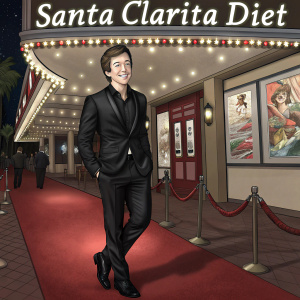 Skyler Gisondo, in a sleek black suit, poses for paparazzi at the 'Santa Clarita Diet' premiere. The venue is adorned with vibrant 'Santa Clarita Diet' posters and banners.