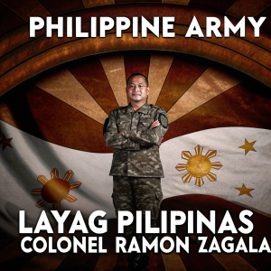Promotional poster for Layag Pilipinas event. Col Ramon Zagala, spokesperson for the Philippine Army, stands against a vibrant, patriotic backdrop.