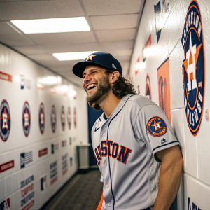 Jake Marisnick, baseball player, posing in a locker room. Wearing a Houston Astros jersey, smiling broadly. White walls with logos and posters in the background.