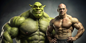 scary Shrek next to a bodybuilder man