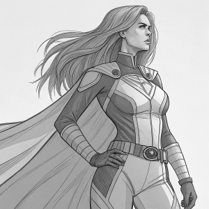 Sketch of a female superhero, grayscale, comic book style. Long, flowing hair, form-fitting bodysuit with belt. Focused expression, detailed lines. Plain background.