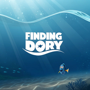 Illustration for Finding Dory. Radiant blue background with white wave-shaped title. Minimalist fish logo beside title.