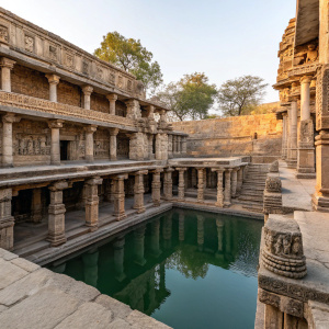 Photograph of the ancient stepwell, Rani ki Vav, located in Patan, Gujarat, India. The structure is remarkably preserved, showcasing intricate carvings and architectural details. The scene is serene with a calm pool of water reflecting the carvings.