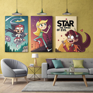 Three posters from 'Star vs. the Forces of Evil' series. Hanging on a bright yellow wall in a trendy living room.
